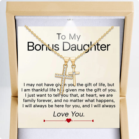 To My Bonus Daughter Cross Necklace  With Heartfelt Message - Unique Jewelry For Bonus Daughter - Always Love You