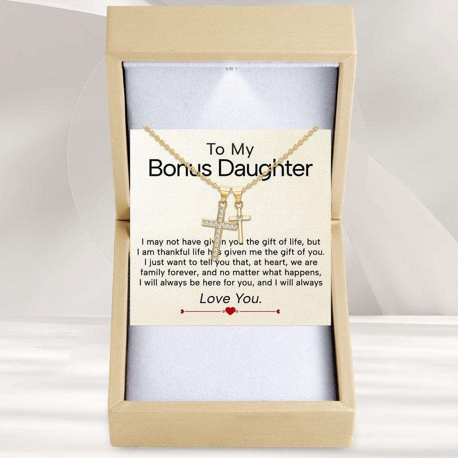To My Bonus Daughter Cross Necklace  With Heartfelt Message - Unique Jewelry For Bonus Daughter - Always Love You