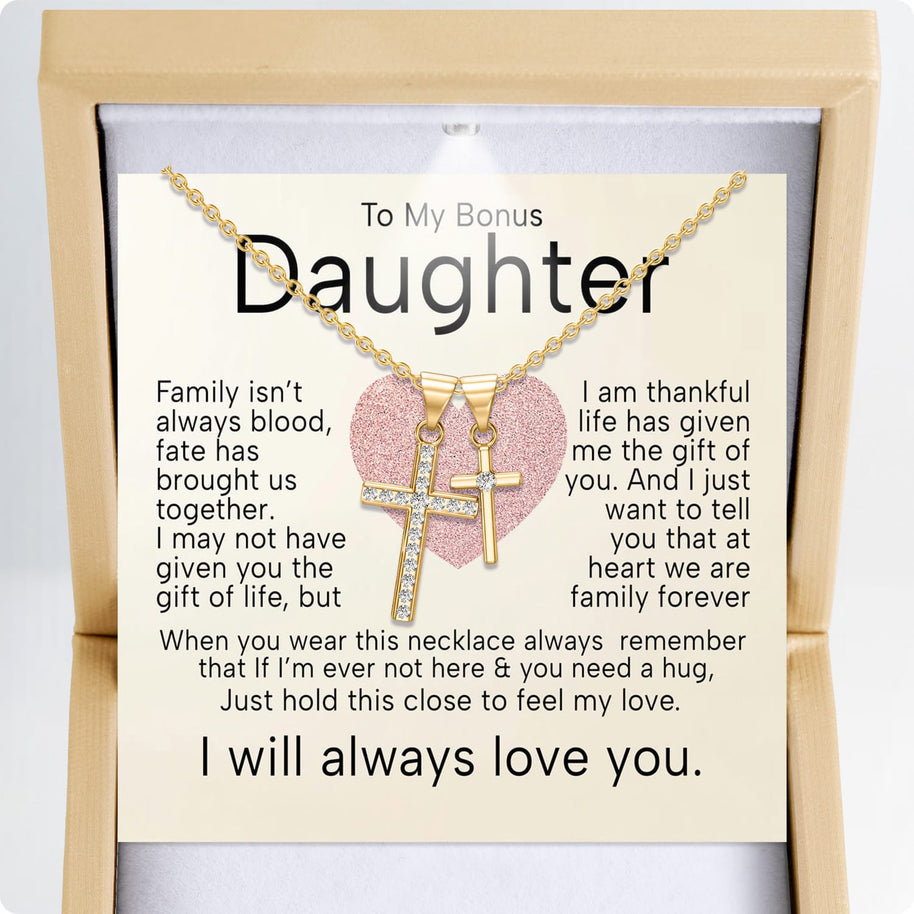 To My Bonus Daughter Cross Necklace  With Heartfelt Message - Unique Jewelry For Bonus Daughter - Brought Us Together