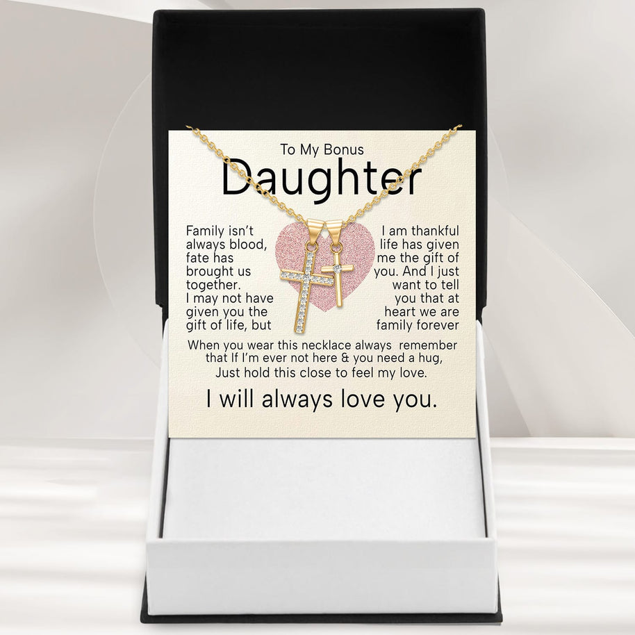 To My Bonus Daughter Cross Necklace  With Heartfelt Message - Unique Jewelry For Bonus Daughter - Brought Us Together