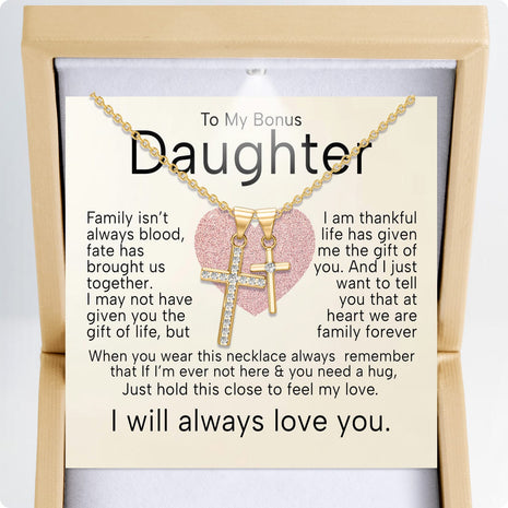 To My Bonus Daughter Cross Necklace  With Heartfelt Message - Unique Jewelry For Bonus Daughter - Brought Us Together