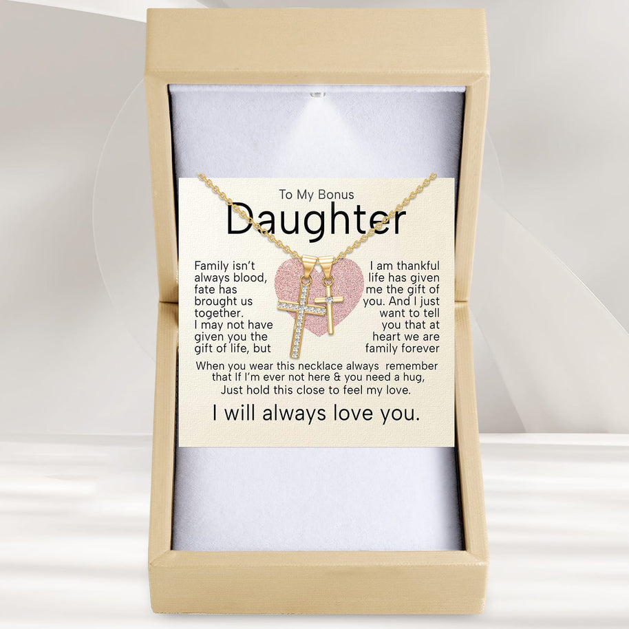To My Bonus Daughter Cross Necklace  With Heartfelt Message - Unique Jewelry For Bonus Daughter - Brought Us Together