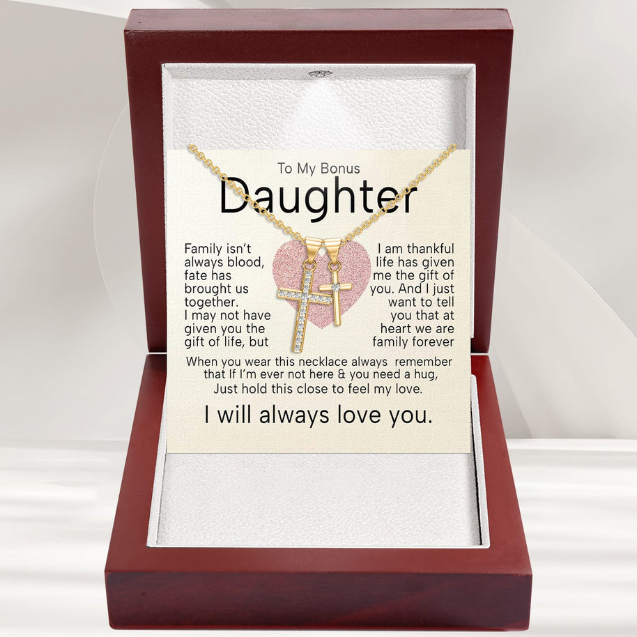 To My Bonus Daughter Cross Necklace  With Heartfelt Message - Unique Jewelry For Bonus Daughter - Brought Us Together