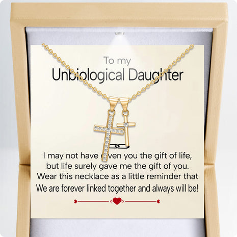 To My Bonus Daughter Cross Necklace  With Heartfelt Message - Unique Jewelry For Bonus Daughter - Linked Together