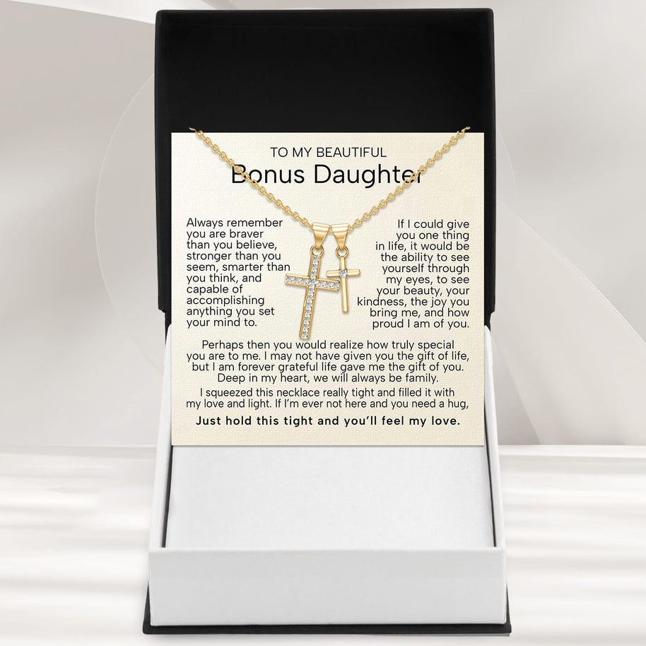To My Bonus Daughter Cross Necklace  With Heartfelt Message - Unique Jewelry For Bonus Daughter - Love and Light