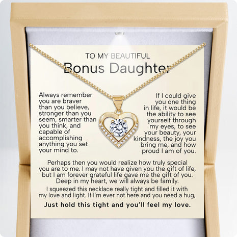 To My Bonus Daughter Heart Necklace  With Heartfelt Message - Unique Jewelry For Bonus Daughter - Love and Light