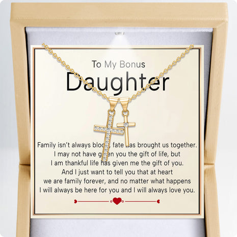 To My Bonus Daughter Cross Necklace  With Heartfelt Message - Unique Jewelry For Bonus Daughter - We Are Family