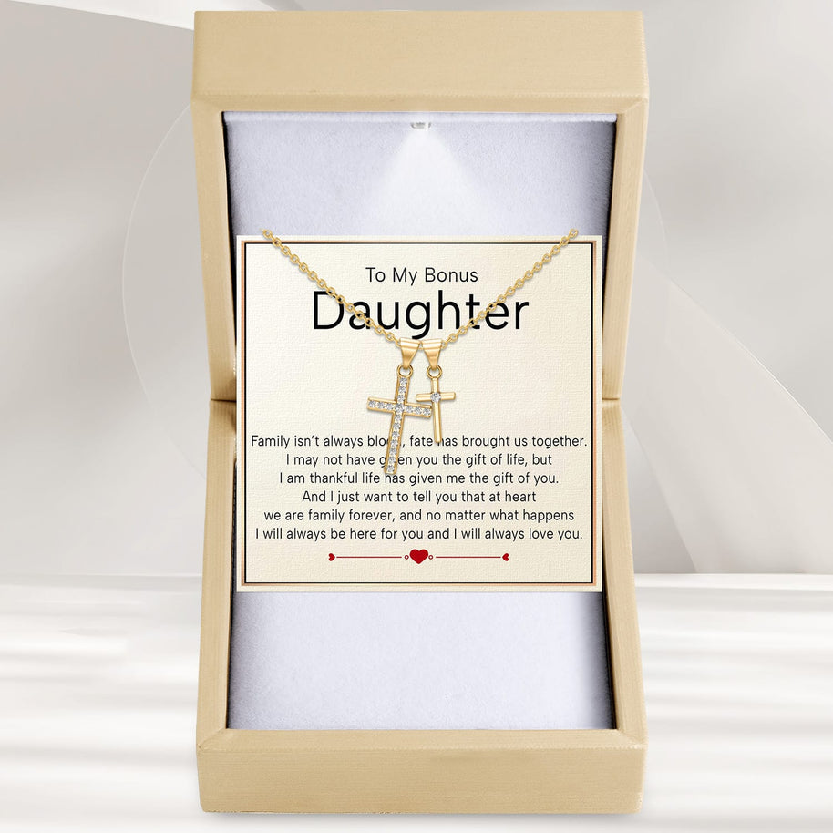 To My Bonus Daughter Cross Necklace  With Heartfelt Message - Unique Jewelry For Bonus Daughter - We Are Family