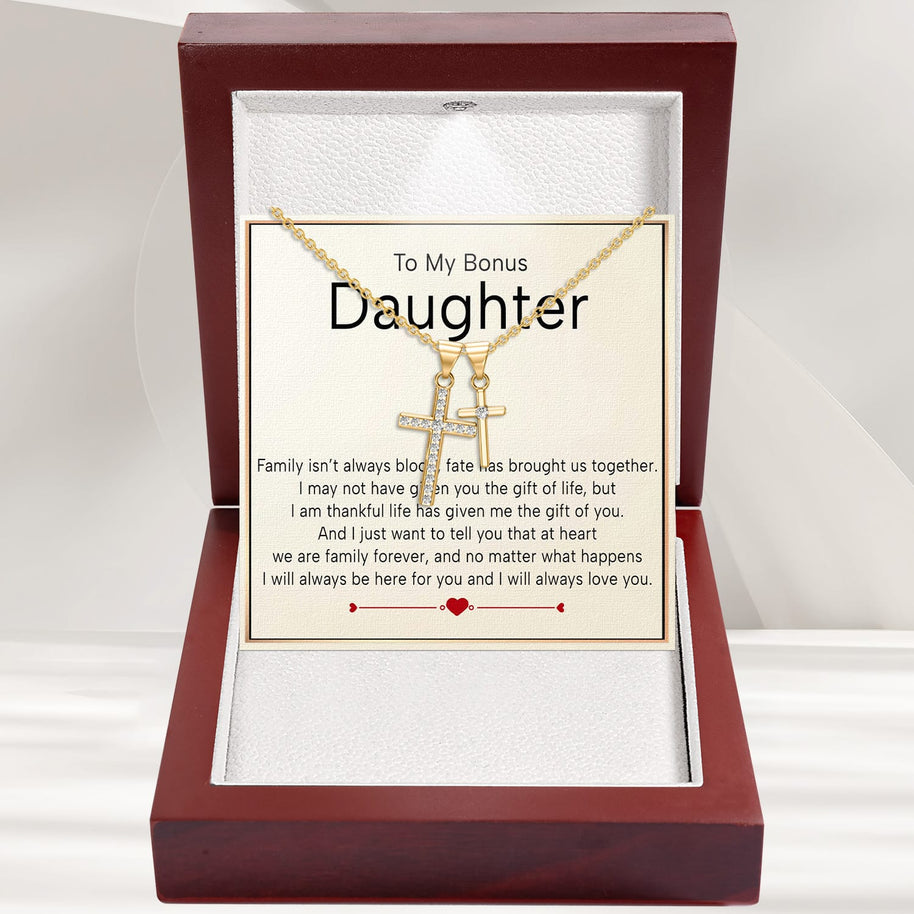 To My Bonus Daughter Cross Necklace  With Heartfelt Message - Unique Jewelry For Bonus Daughter - We Are Family