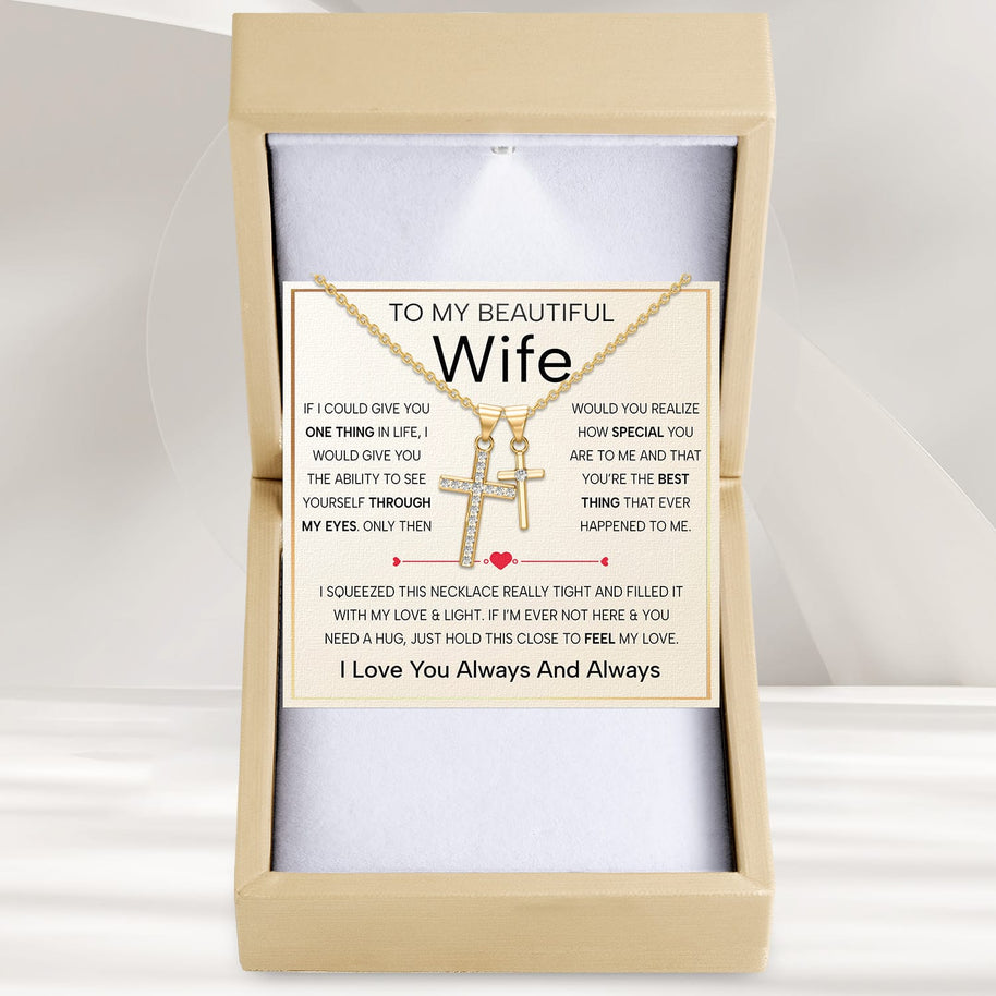 Wife Cross Necklace With Heartfelt Message - Unique Jewelry For Wife - Through My Eyes