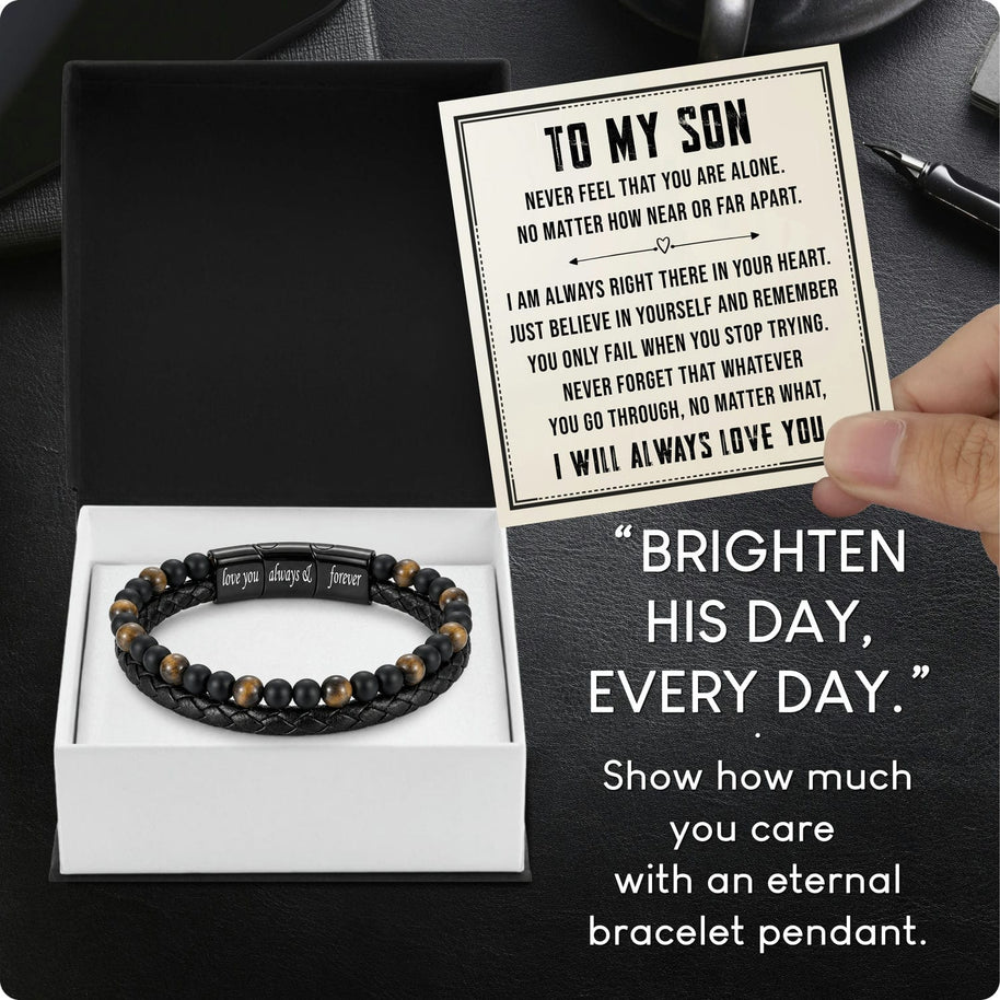 To My Son Bracelet With Heartfelt Message - Tiger Eye Bracelet For Men - Always Right There