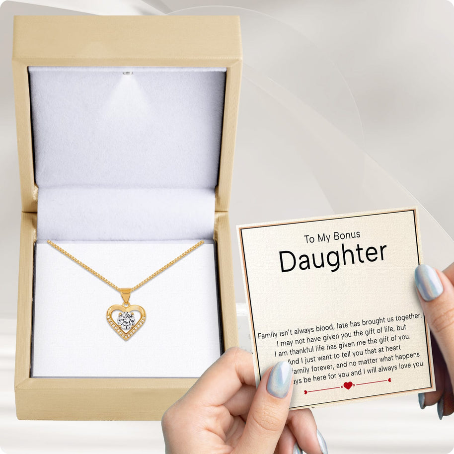 To My Bonus Daughter Heart Necklace  With Heartfelt Message - Unique Jewelry For Bonus Daughter - We Are Family