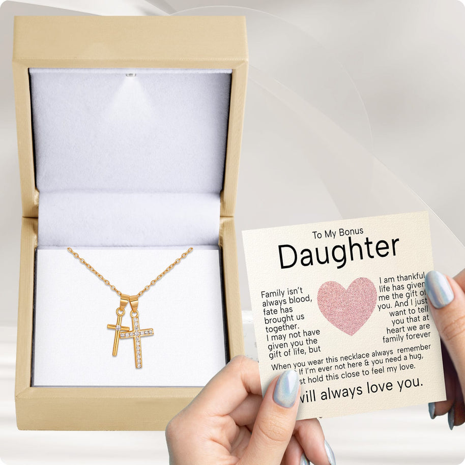To My Bonus Daughter Cross Necklace  With Heartfelt Message - Unique Jewelry For Bonus Daughter - Brought Us Together