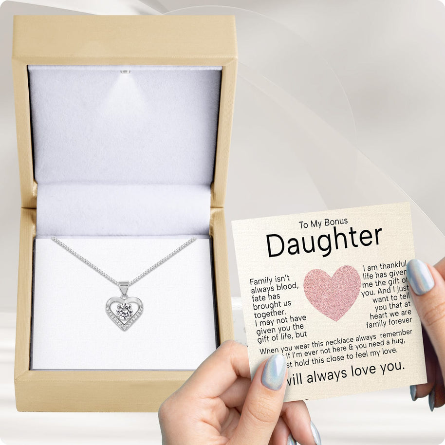 To My Bonus Daughter Heart Necklace  With Heartfelt Message - Unique Jewelry For Bonus Daughter - Brought Us Together