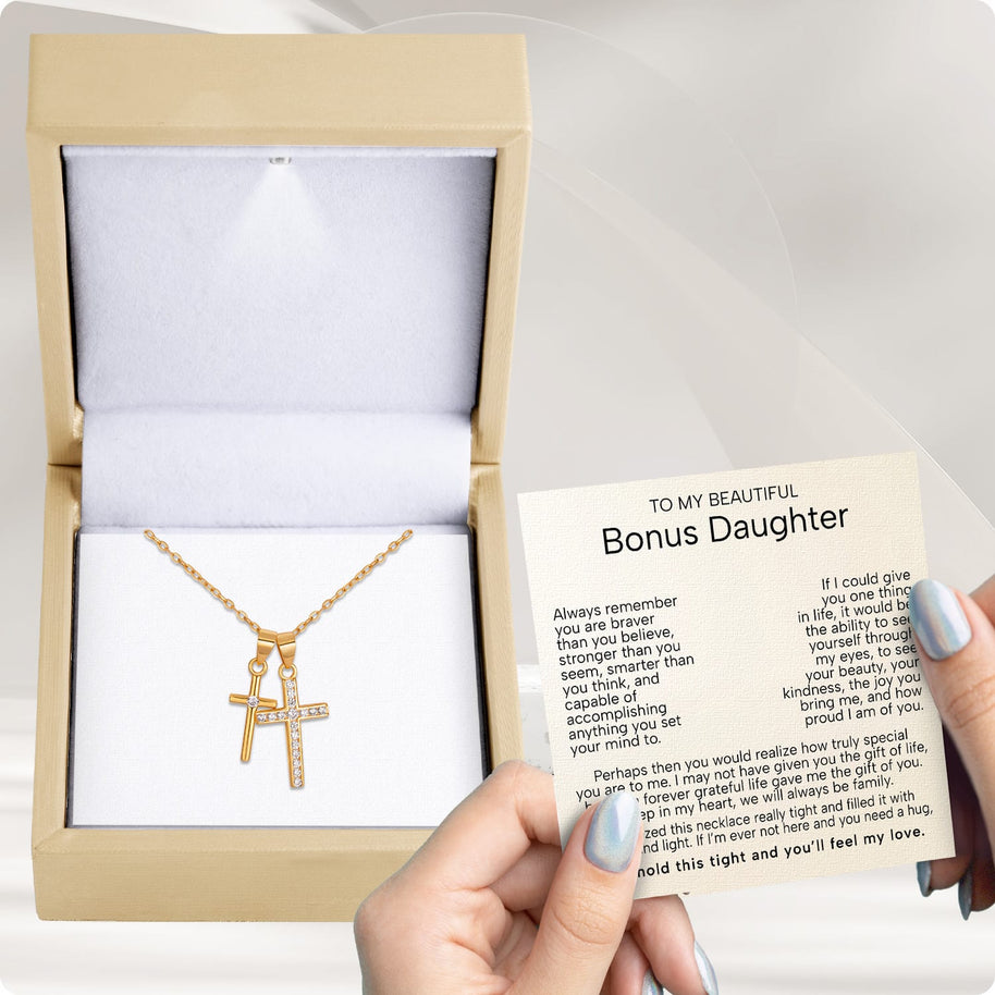 To My Bonus Daughter Cross Necklace  With Heartfelt Message - Unique Jewelry For Bonus Daughter - Love and Light