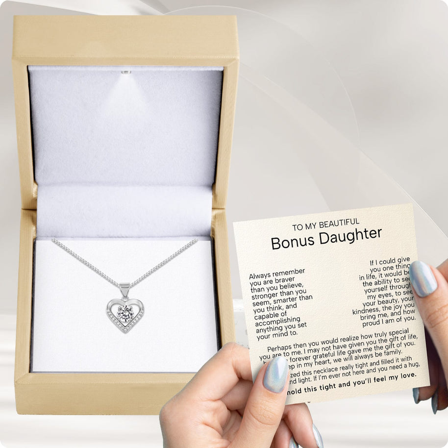 To My Bonus Daughter Heart Necklace  With Heartfelt Message - Unique Jewelry For Bonus Daughter - Love and Light