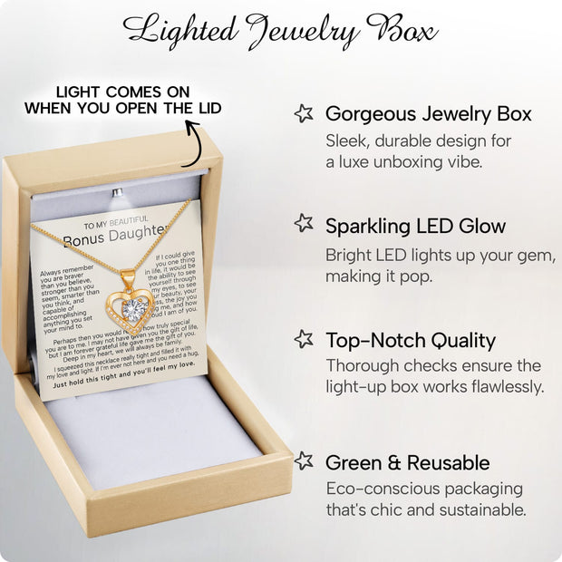 To My Bonus Daughter Heart Necklace  With Heartfelt Message - Unique Jewelry For Bonus Daughter - Love and Light