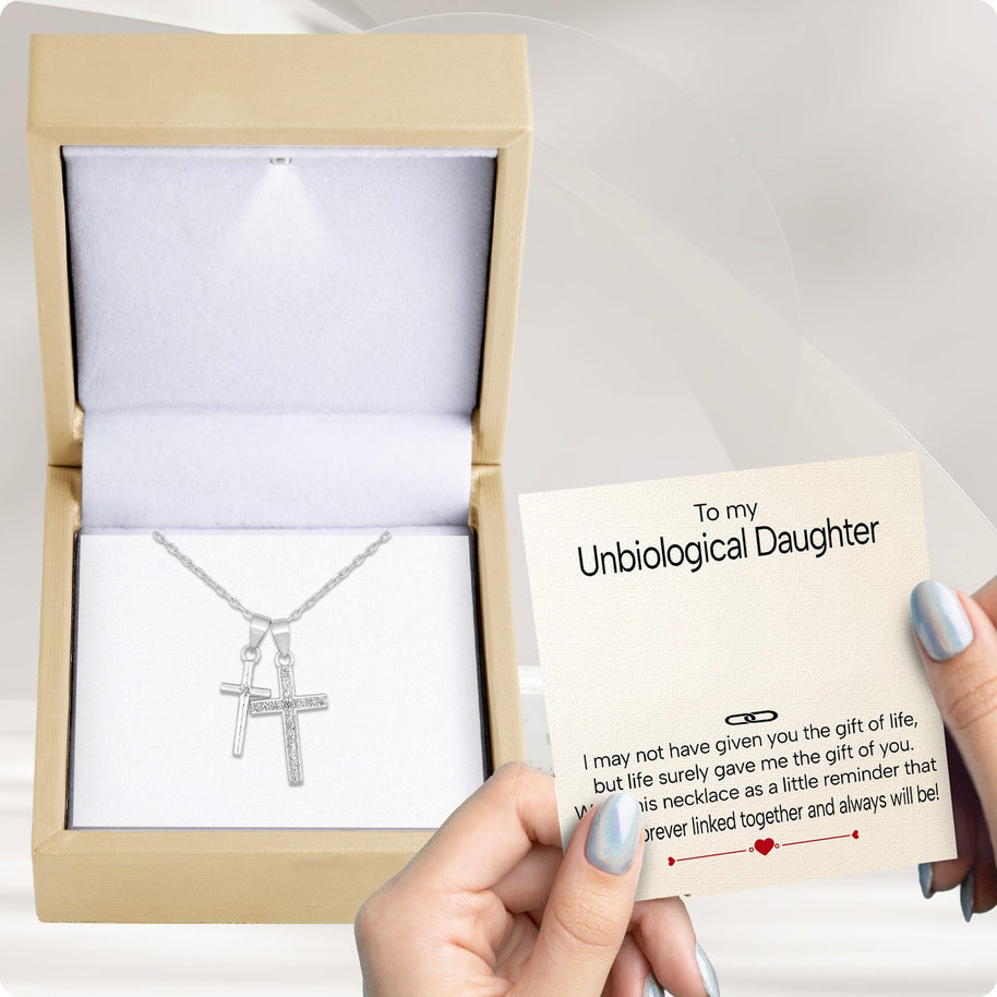 To My Bonus Daughter Cross Necklace  With Heartfelt Message - Unique Jewelry For Bonus Daughter - Linked Together