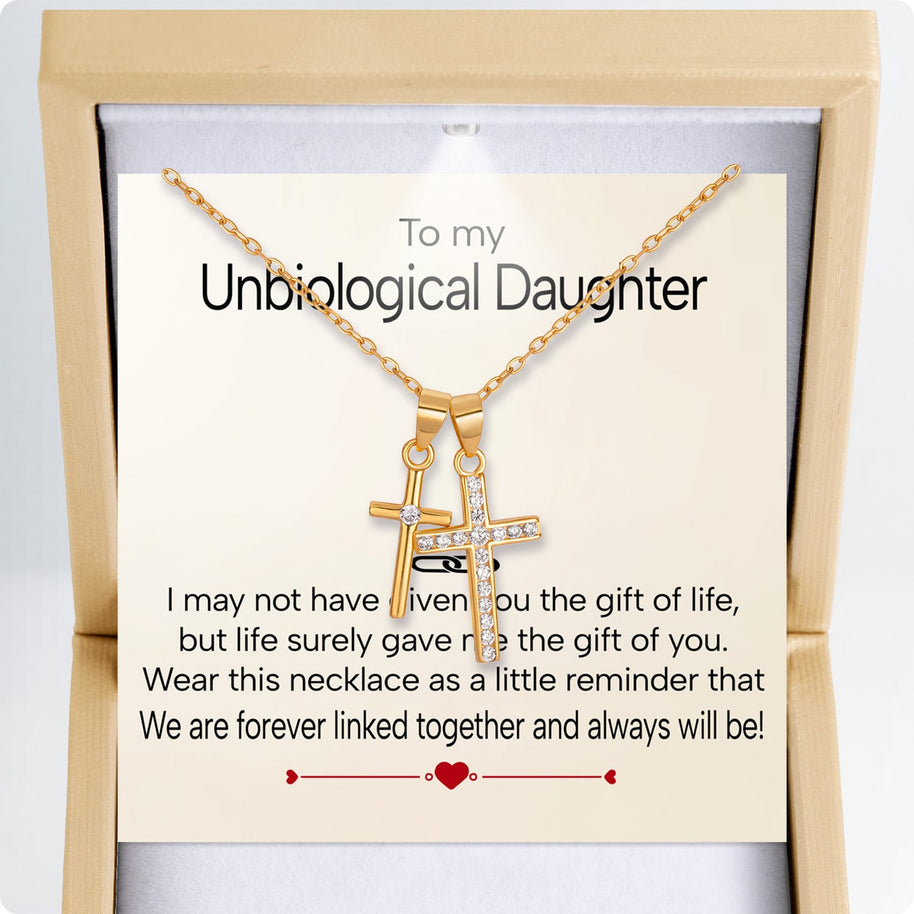 To My Bonus Daughter Cross Necklace  With Heartfelt Message - Unique Jewelry For Bonus Daughter - Linked Together