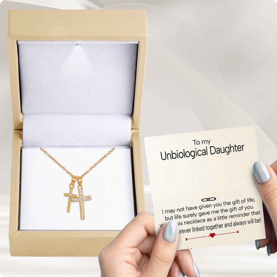 To My Bonus Daughter Cross Necklace  With Heartfelt Message - Unique Jewelry For Bonus Daughter - Linked Together