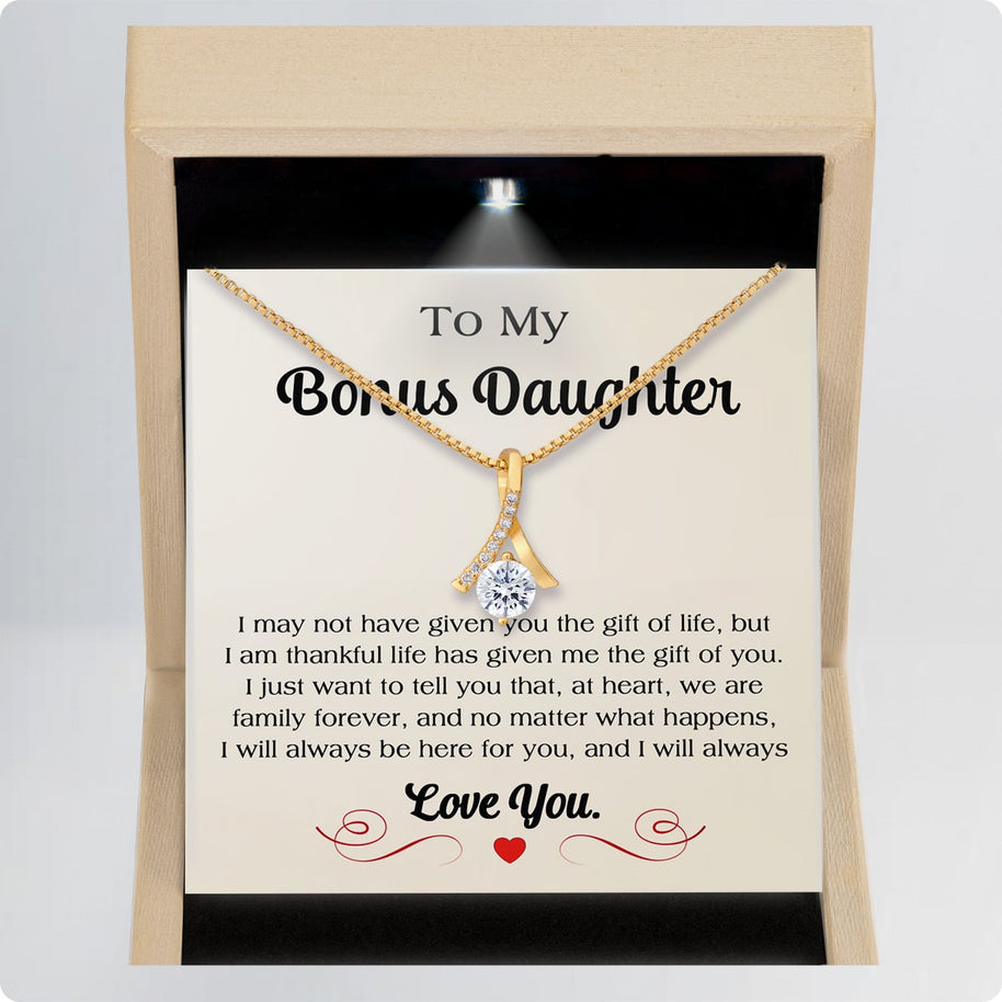 To My Bonus Daughter Necklace With Message Card - We Are Family Forever