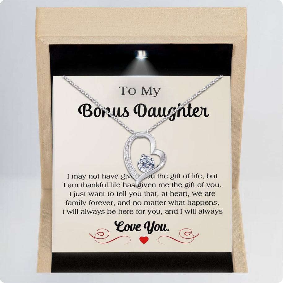 To My Bonus Daughter Necklace With Message Card - We Are Family Forever