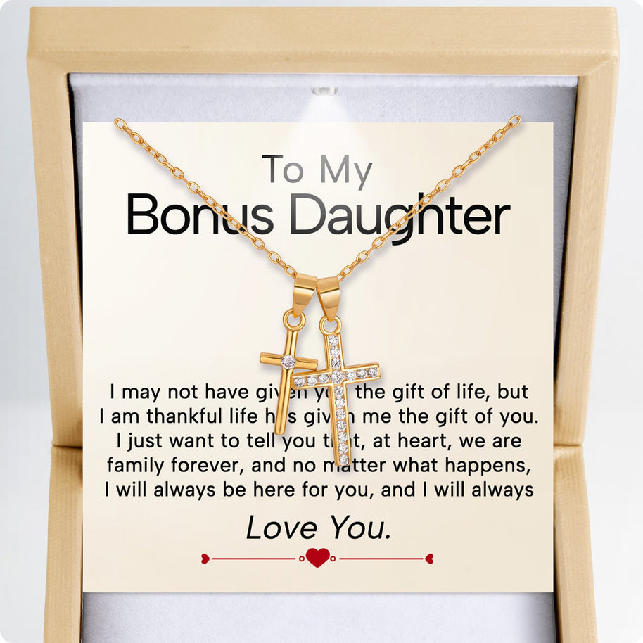 To My Bonus Daughter Cross Necklace  With Heartfelt Message - Unique Jewelry For Bonus Daughter - Always Love You