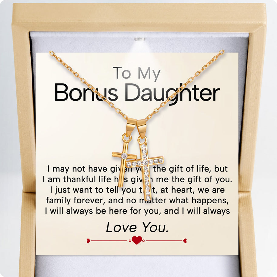 To My Bonus Daughter Cross Necklace  With Heartfelt Message - Unique Jewelry For Bonus Daughter - Always Love You