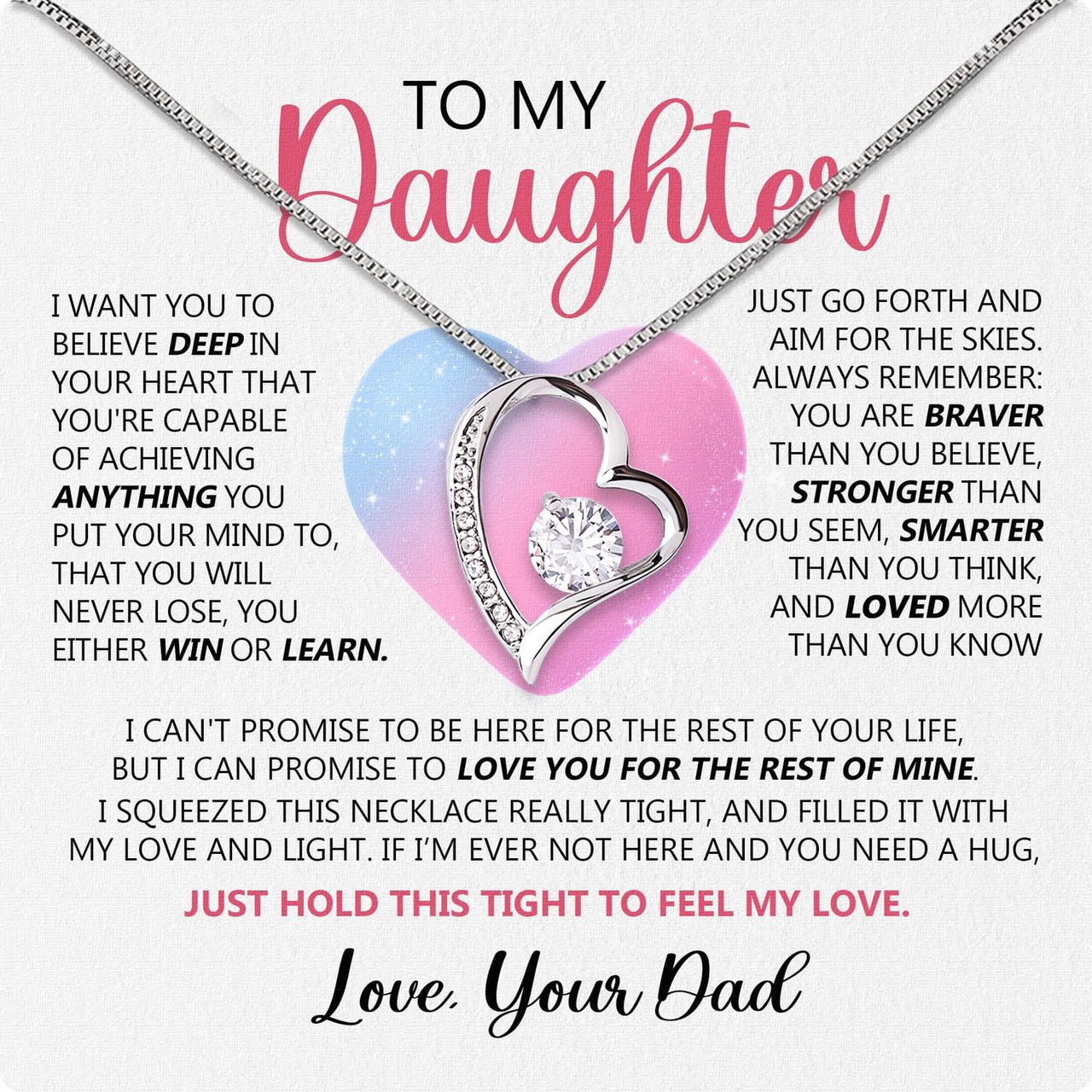 To My Daughter Necklace From Dad With Heartfelt Message Card, Jewelry For Daughter, Daughter Gift From Dad On Birthday, Wedding, Christmas, Graduation