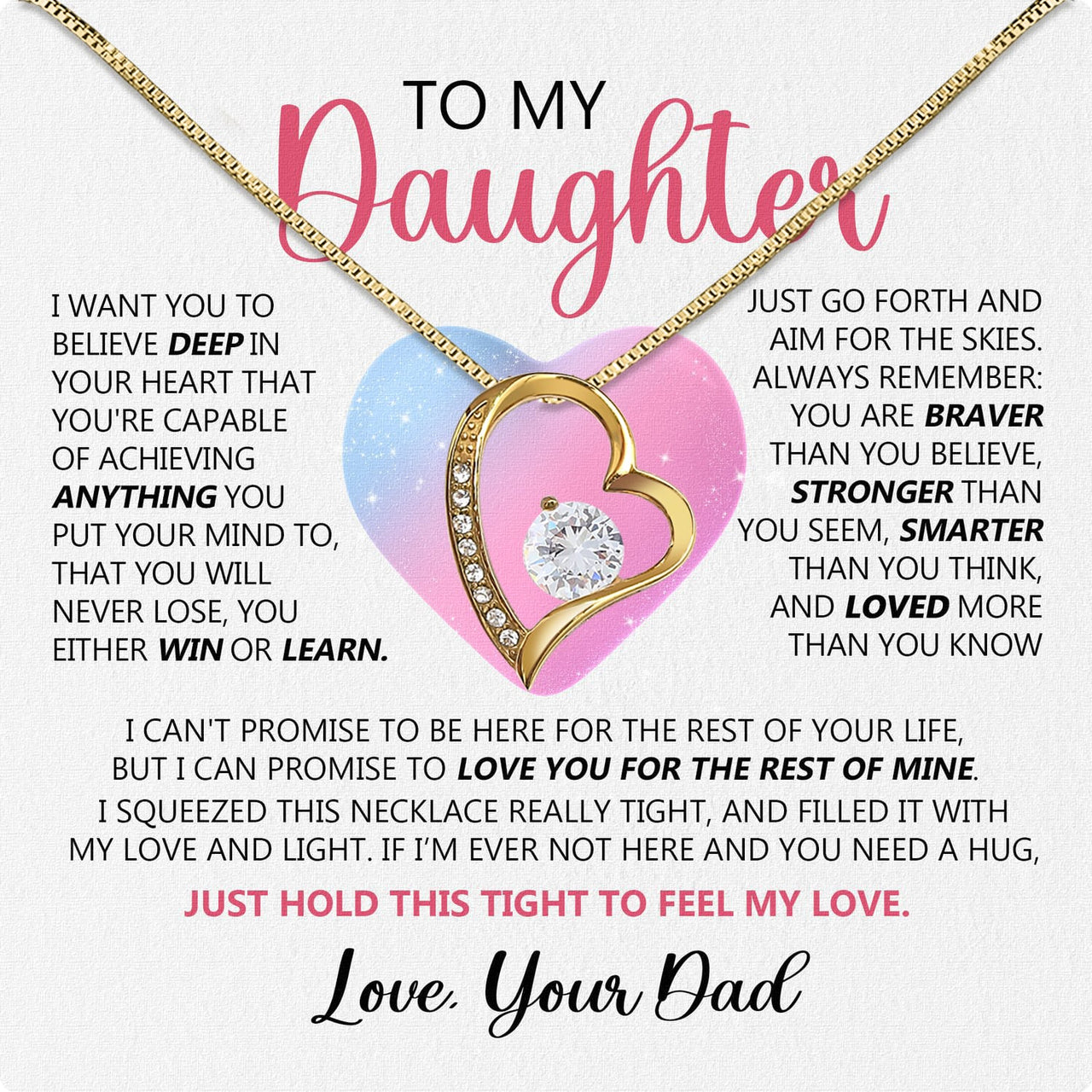 To My Daughter Necklace From Dad With Heartfelt Message Card, Jewelry For Daughter, Daughter Gift From Dad On Birthday, Wedding, Christmas, Graduation