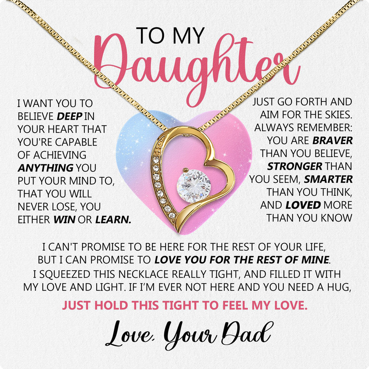 To My Daughter Necklace From Dad With Heartfelt Message Card, Jewelry For Daughter, Daughter Gift From Dad On Birthday, Wedding, Christmas, Graduation