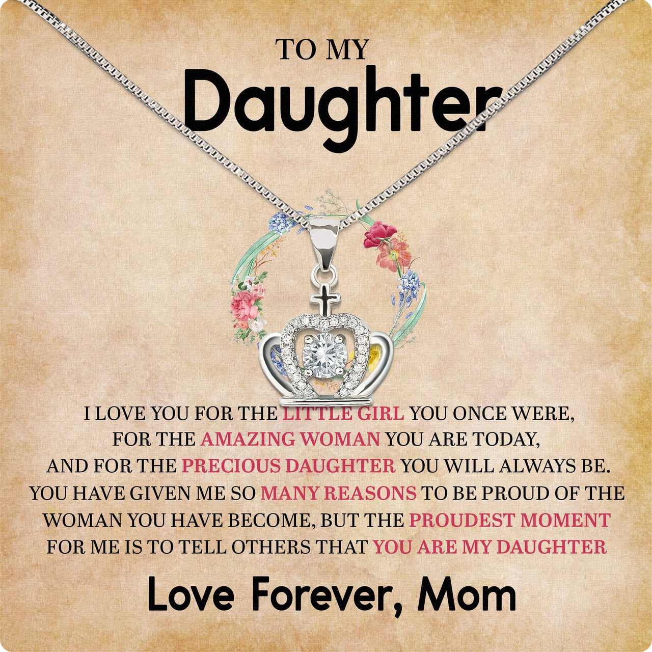 To My Daughter Necklace From Mom With Heartfelt Message Card, Jewelry For Daughter, Daughter Gift From Mom On Birthday, Wedding, Christmas, Graduation