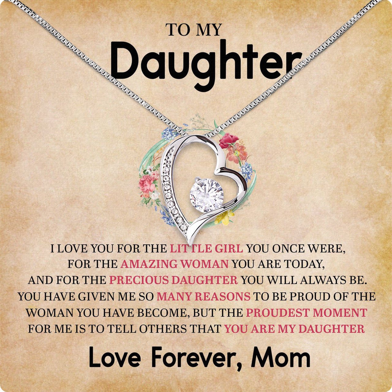 To My Daughter Necklace From Mom With Heartfelt Message Card, Jewelry For Daughter, Daughter Gift From Mom On Birthday, Wedding, Christmas, Graduation