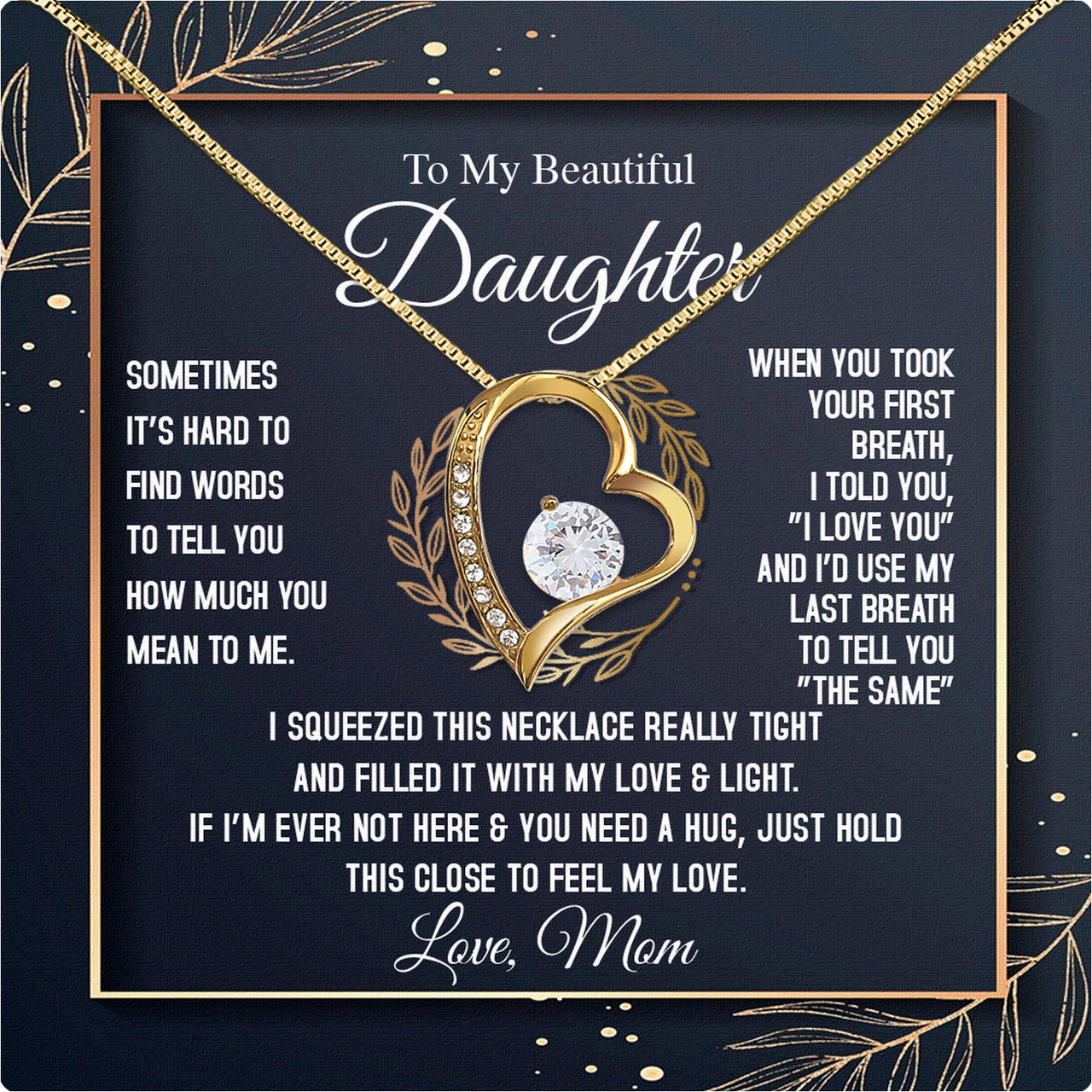 To My Daughter Necklace From Mom With Heartfelt Message Card, Jewelry For Daughter, Daughter Gift From Mom On Birthday, Wedding, Christmas, Graduation