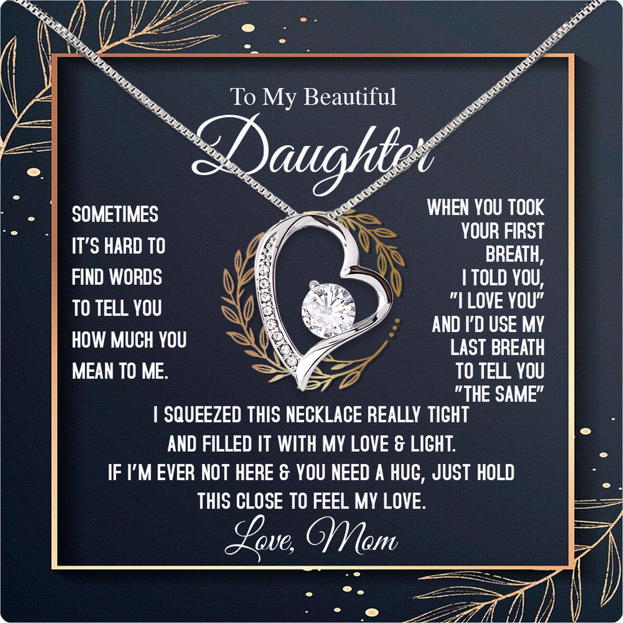 To My Daughter Necklace From Mom With Heartfelt Message Card, Jewelry For Daughter, Daughter Gift From Mom On Birthday, Wedding, Christmas, Graduation