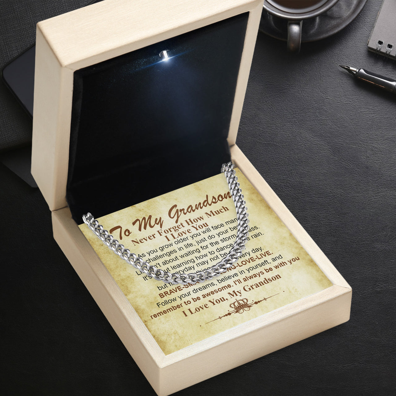 Cuban Necklace Gifts For Grandson With Personalized Message Card Necklace