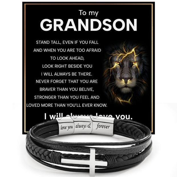 To My Grandson Cross Bracelet With Heartfelt Message - Unique Jewelry For Men - Always Be There