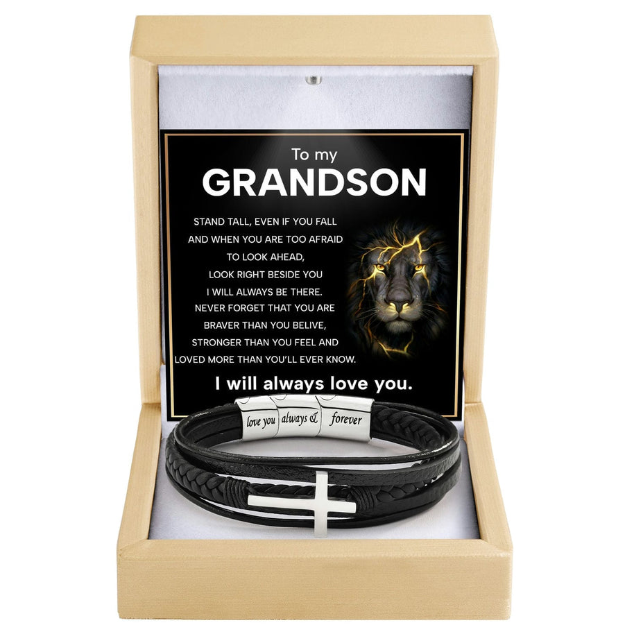 To My Grandson Cross Bracelet With Heartfelt Message - Unique Jewelry For Men - Always Be There