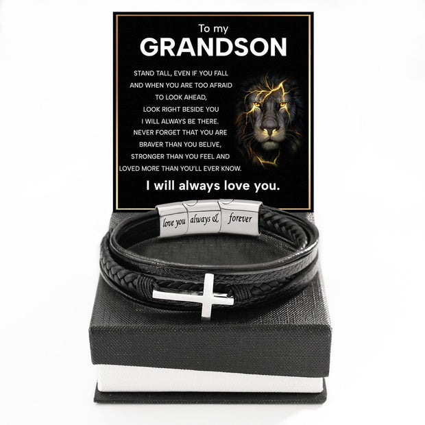 To My Grandson Cross Bracelet With Heartfelt Message - Unique Jewelry For Men - Always Be There