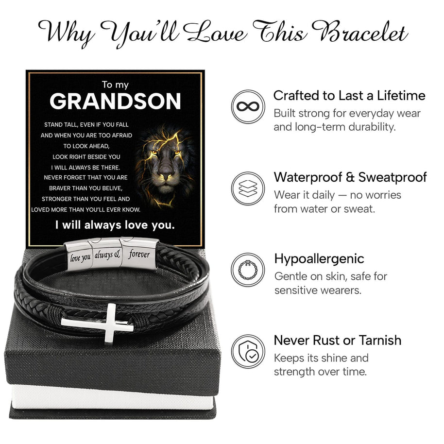 To My Grandson Cross Bracelet With Heartfelt Message - Unique Jewelry For Men - Always Be There