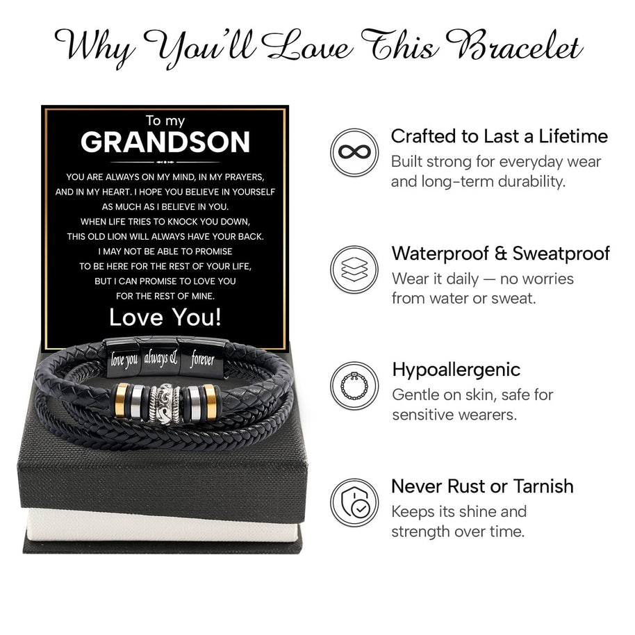 To My Grandson Bracelet With Heartfelt Message - Unique Jewelry For Men - Always On My Mind