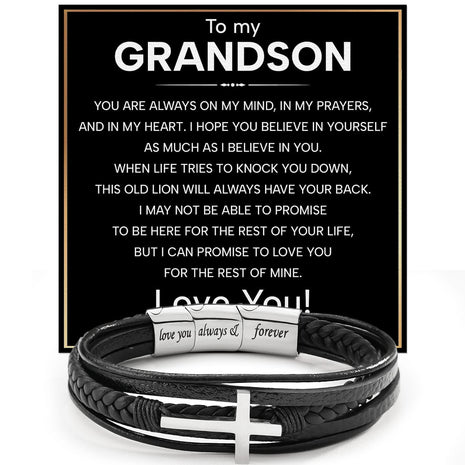 To My Grandson Cross Bracelet With Heartfelt Message - Unique Jewelry For Men - Always On My Mind
