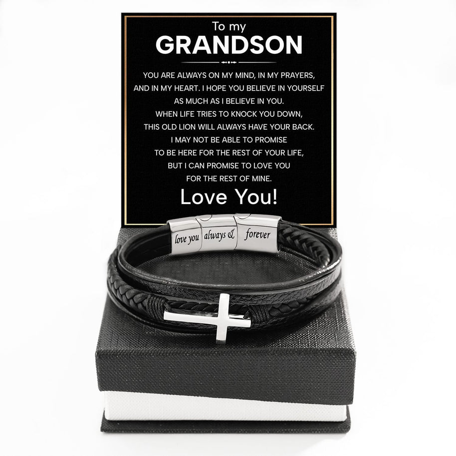 To My Grandson Cross Bracelet With Heartfelt Message - Unique Jewelry For Men - Always On My Mind