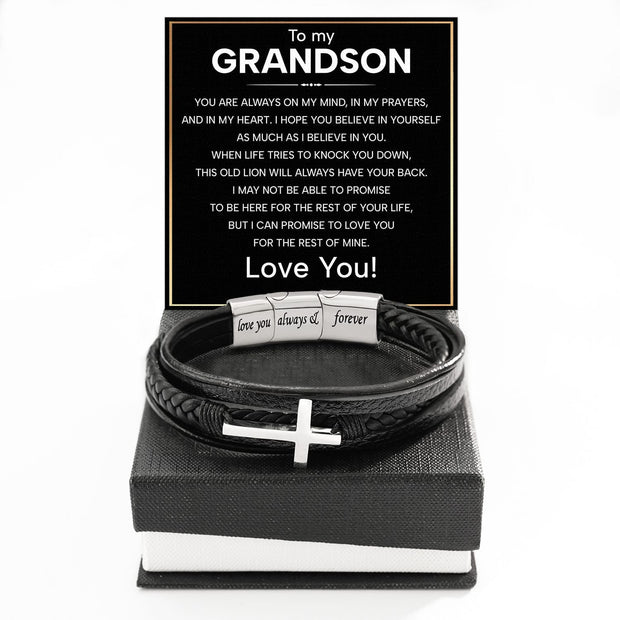 To My Grandson Cross Bracelet With Heartfelt Message - Unique Jewelry For Men - Always On My Mind