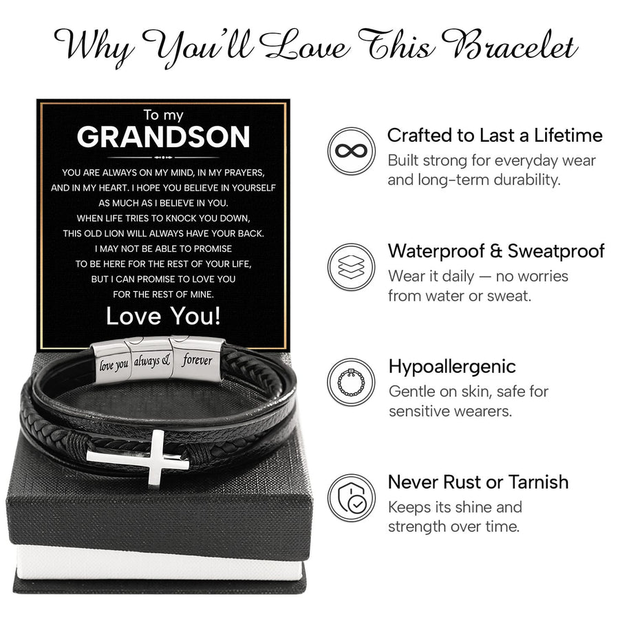To My Grandson Cross Bracelet With Heartfelt Message - Unique Jewelry For Men - Always On My Mind