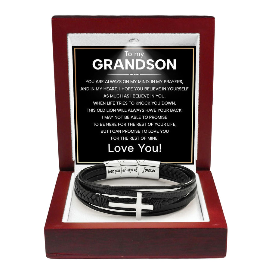 To My Grandson Cross Bracelet With Heartfelt Message - Unique Jewelry For Men - Always On My Mind