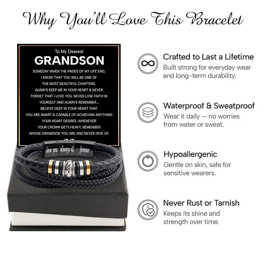 To My Grandson Bracelet With Heartfelt Message - Unique Jewelry For Men - Beautiful Chapters