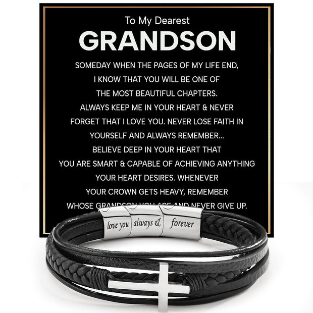 To My Grandson Cross Bracelet With Heartfelt Message - Unique Jewelry For Men - Beautiful Chapters