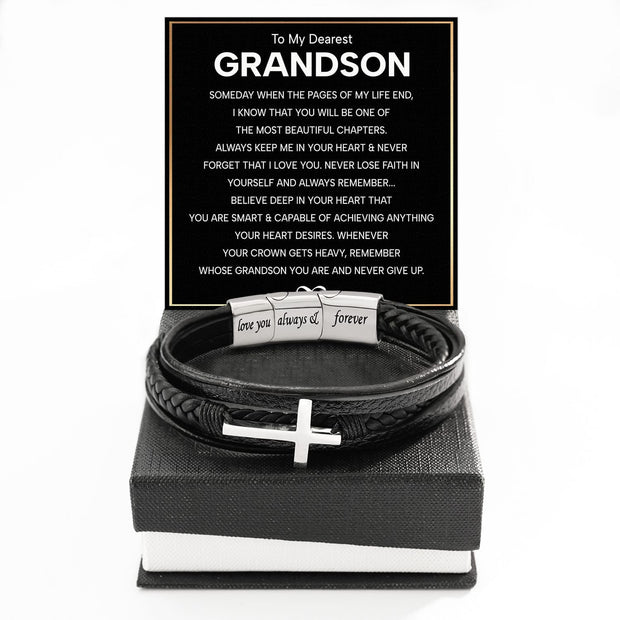 To My Grandson Cross Bracelet With Heartfelt Message - Unique Jewelry For Men - Beautiful Chapters