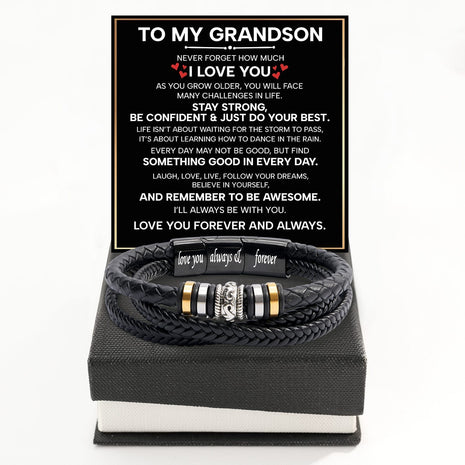 To My Grandson Bracelet With Heartfelt Message - Unique Jewelry For Men - Forever And Always